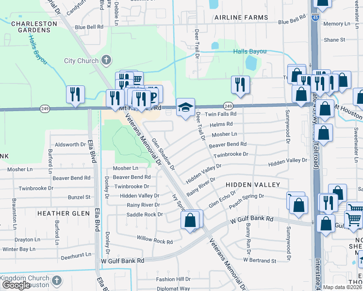 map of restaurants, bars, coffee shops, grocery stores, and more near 1302 Mosher Lane in Houston