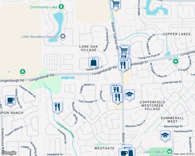 map of restaurants, bars, coffee shops, grocery stores, and more near 17935 Longenbaugh Road in Cypress