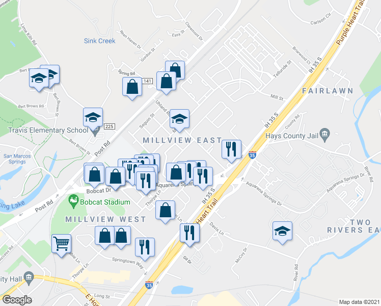 map of restaurants, bars, coffee shops, grocery stores, and more near 112 West Avenue in San Marcos