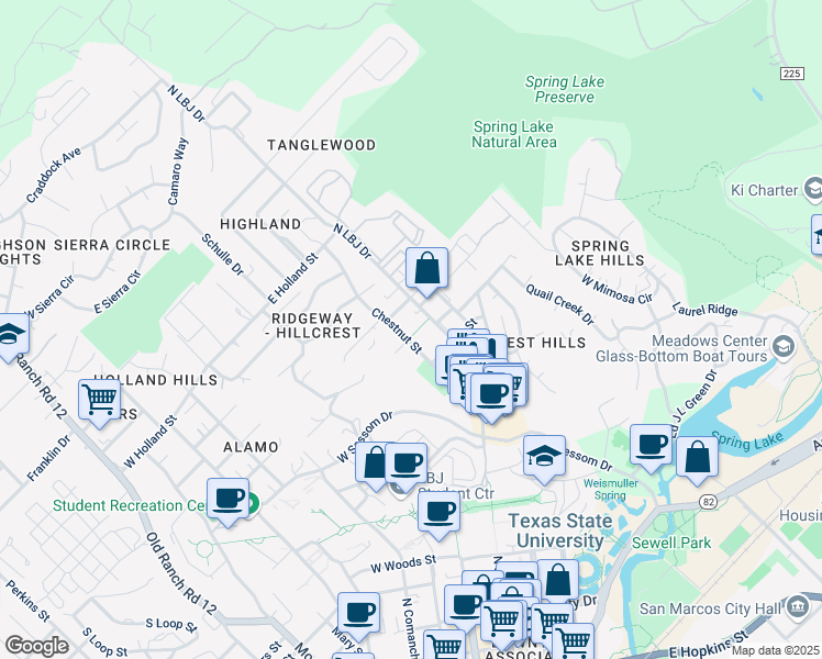 map of restaurants, bars, coffee shops, grocery stores, and more near 1011 North LBJ Drive in San Marcos