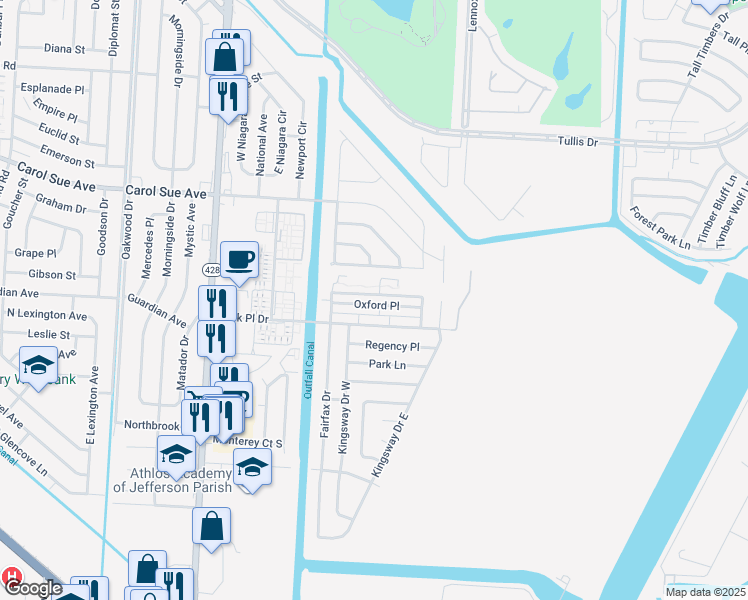 map of restaurants, bars, coffee shops, grocery stores, and more near 2419 Ashley Drive in Terrytown