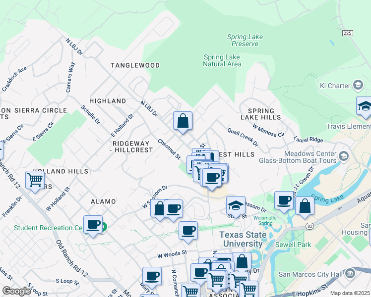 map of restaurants, bars, coffee shops, grocery stores, and more near 1011 North LBJ Drive in San Marcos