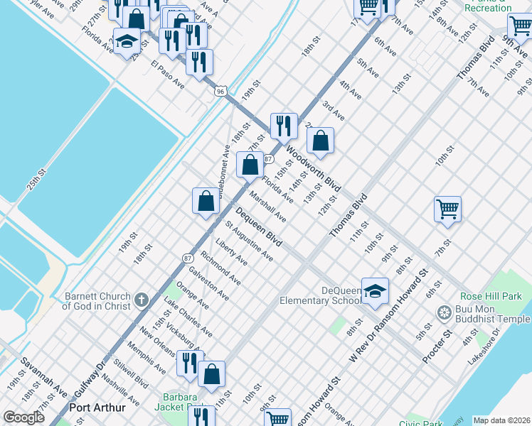 map of restaurants, bars, coffee shops, grocery stores, and more near 1526 Dequeen Boulevard in Port Arthur