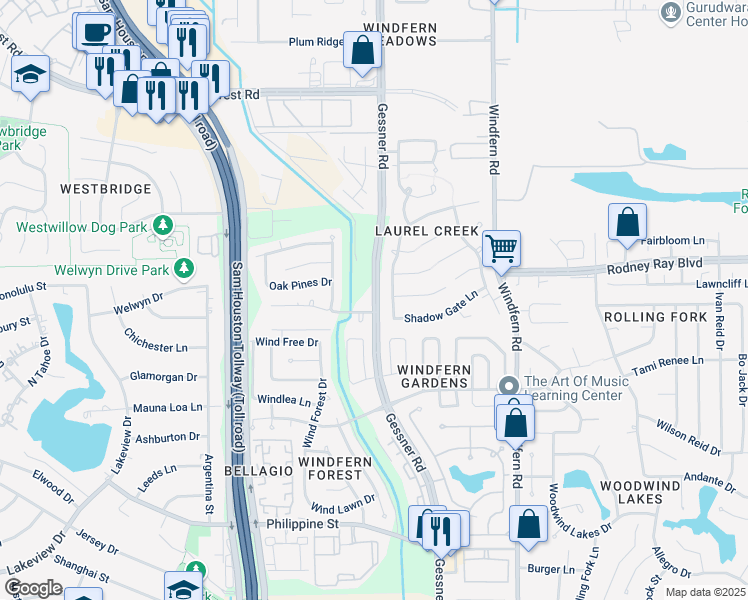 map of restaurants, bars, coffee shops, grocery stores, and more near 9515 Gessner Road in Houston