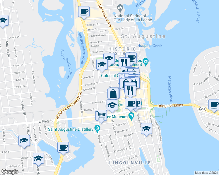 map of restaurants, bars, coffee shops, grocery stores, and more near 26 Sevilla Street in St. Augustine