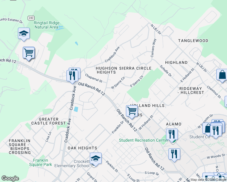 map of restaurants, bars, coffee shops, grocery stores, and more near 110 West Sierra Circle in San Marcos