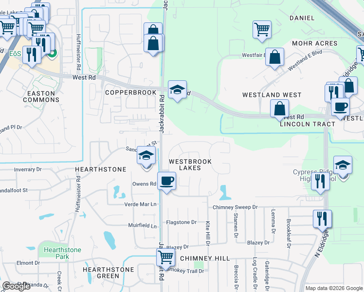 map of restaurants, bars, coffee shops, grocery stores, and more near 13837 Brannon Field Lane in Houston