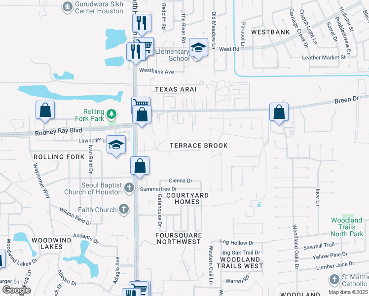 map of restaurants, bars, coffee shops, grocery stores, and more near 8242 Whisper Point Drive in Houston