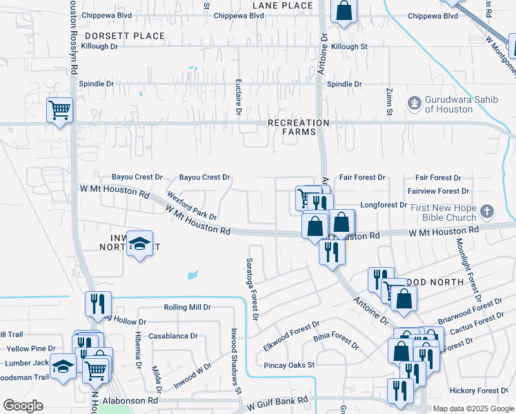 map of restaurants, bars, coffee shops, grocery stores, and more near 8907 Arcidian Forest Drive in Houston