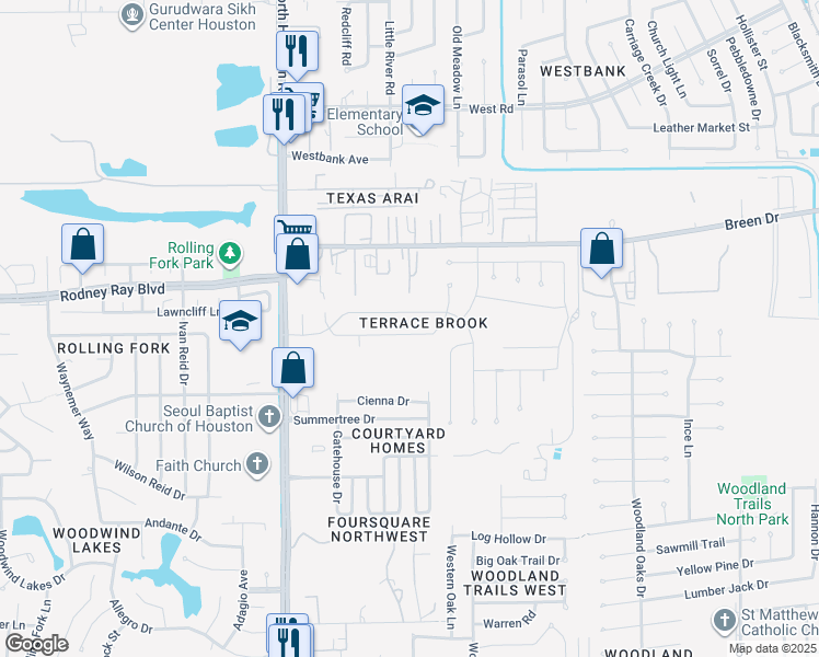 map of restaurants, bars, coffee shops, grocery stores, and more near 8242 Whisper Point Drive in Houston