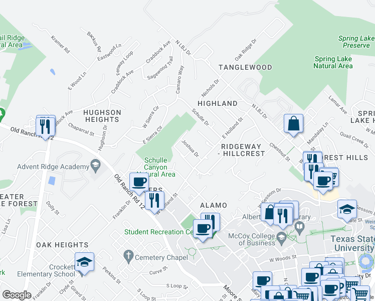map of restaurants, bars, coffee shops, grocery stores, and more near 1406 Andra Lane in San Marcos