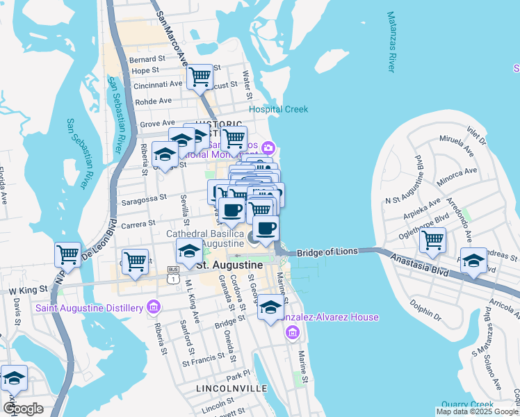 map of restaurants, bars, coffee shops, grocery stores, and more near 46 Charlotte Street in St. Augustine