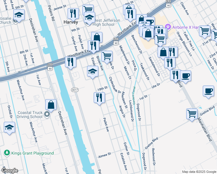 map of restaurants, bars, coffee shops, grocery stores, and more near 2112 18th Street in Harvey