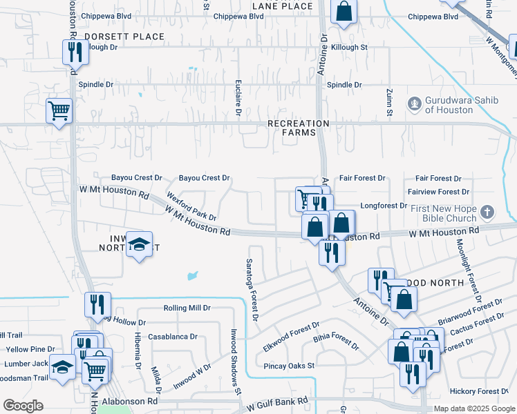 map of restaurants, bars, coffee shops, grocery stores, and more near 8907 Arcidian Forest Drive in Houston