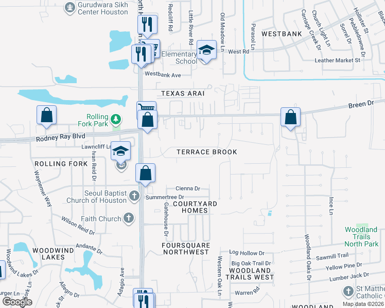 map of restaurants, bars, coffee shops, grocery stores, and more near 8242 Whisper Point Drive in Houston
