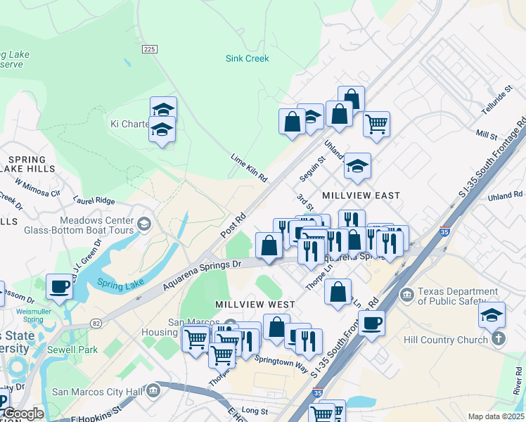 map of restaurants, bars, coffee shops, grocery stores, and more near College View Rd in San Marcos