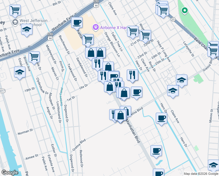 map of restaurants, bars, coffee shops, grocery stores, and more near 1326 Manhattan Boulevard in Harvey