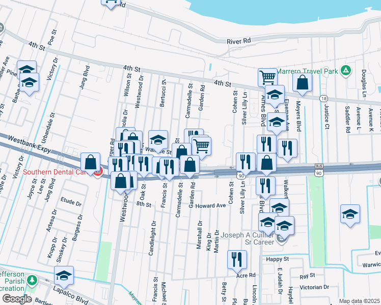 map of restaurants, bars, coffee shops, grocery stores, and more near 6600 Wallace Street in Marrero