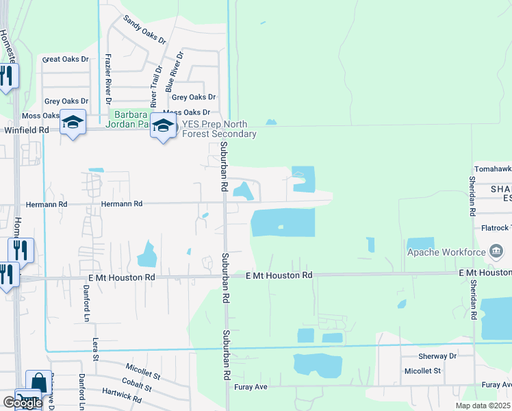 map of restaurants, bars, coffee shops, grocery stores, and more near 6938 Hermann Road in Houston