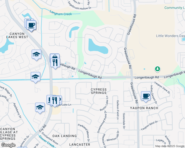 map of restaurants, bars, coffee shops, grocery stores, and more near 19939 Longenbaugh Road in Cypress