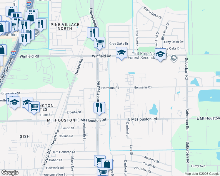map of restaurants, bars, coffee shops, grocery stores, and more near 6038 Hermann Road in Houston