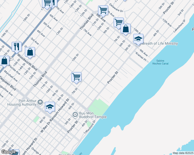 map of restaurants, bars, coffee shops, grocery stores, and more near 3201 5th Street in Port Arthur