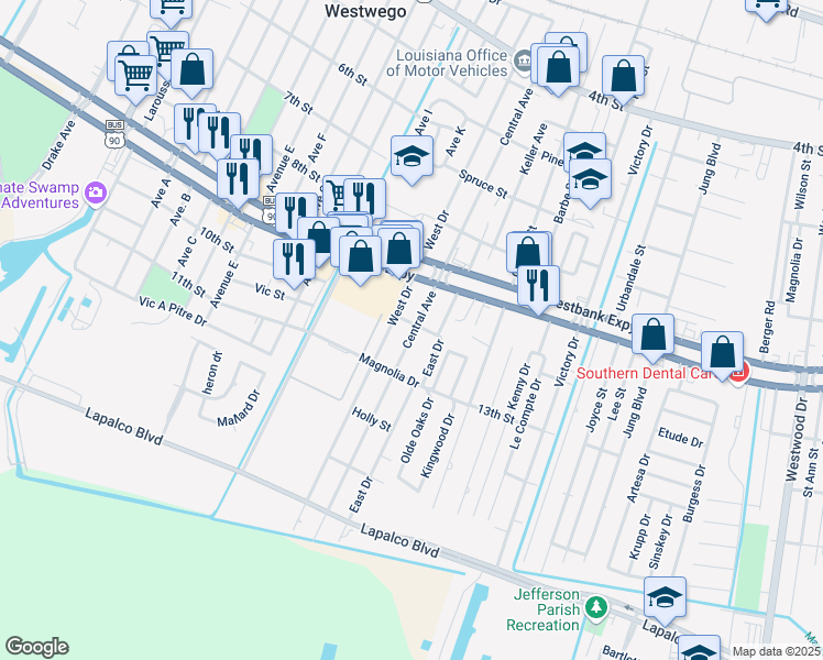 map of restaurants, bars, coffee shops, grocery stores, and more near 1110 Central Avenue in Westwego