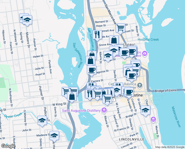 map of restaurants, bars, coffee shops, grocery stores, and more near 208 North Ponce De Leon Boulevard in St. Augustine