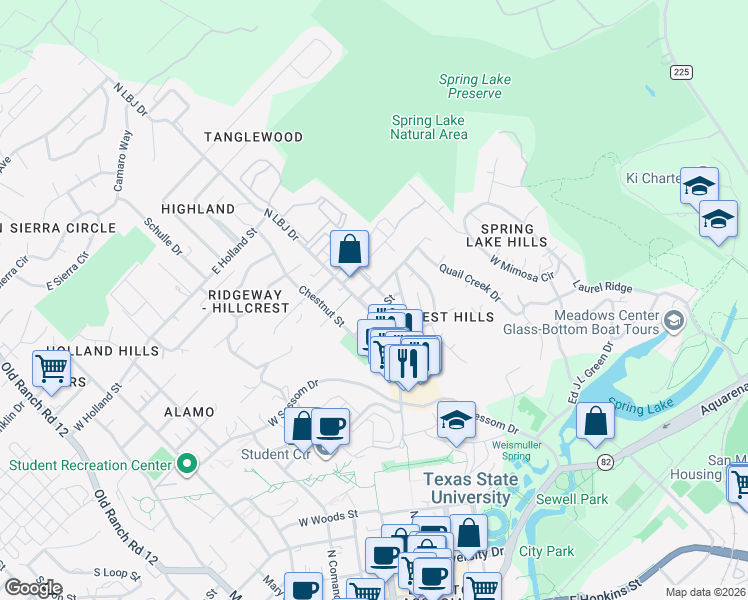 map of restaurants, bars, coffee shops, grocery stores, and more near 1000 North LBJ Drive in San Marcos