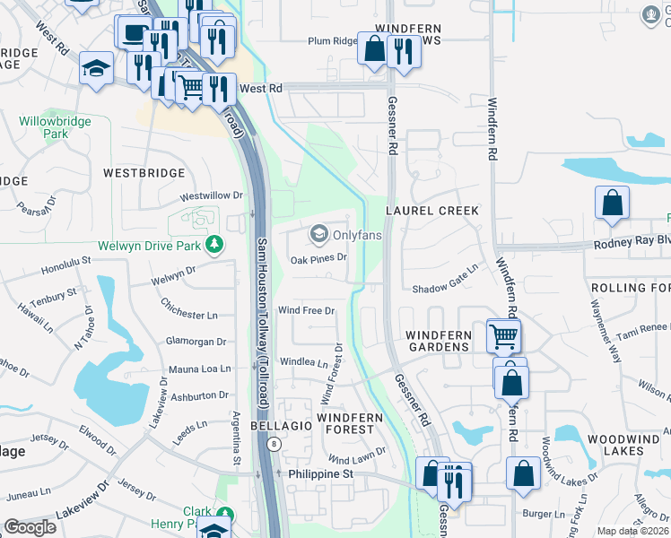 map of restaurants, bars, coffee shops, grocery stores, and more near 8503 Hazy Meadow Lane in Houston