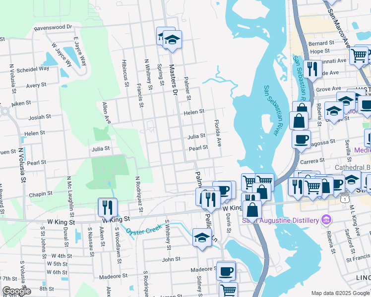 map of restaurants, bars, coffee shops, grocery stores, and more near 60 Palmer Street in St. Augustine