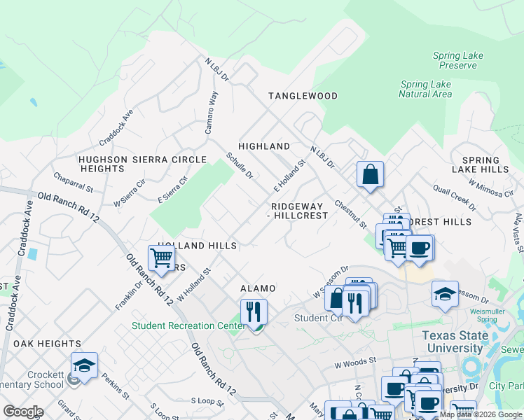 map of restaurants, bars, coffee shops, grocery stores, and more near 106 West Hillcrest Drive in San Marcos