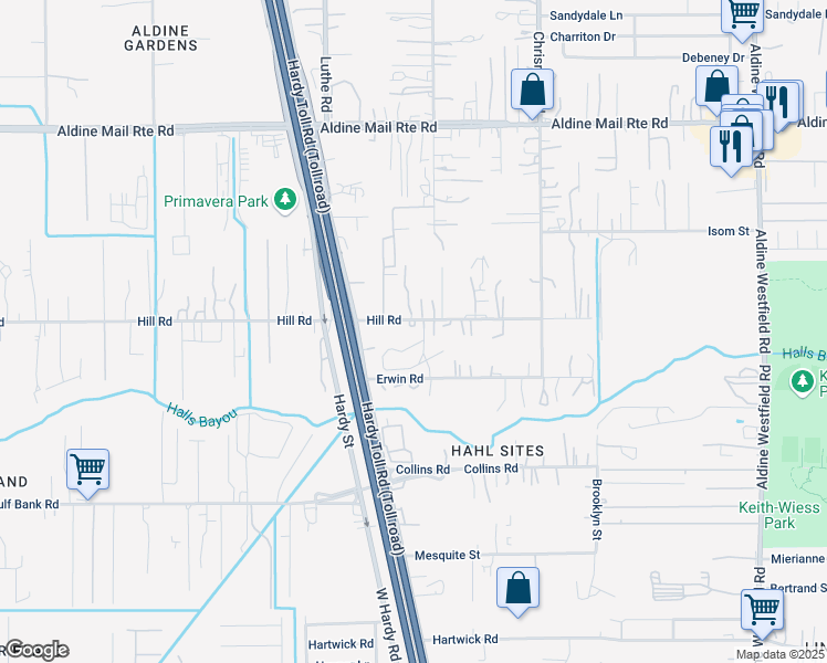 map of restaurants, bars, coffee shops, grocery stores, and more near 1414 Hill Road in Houston
