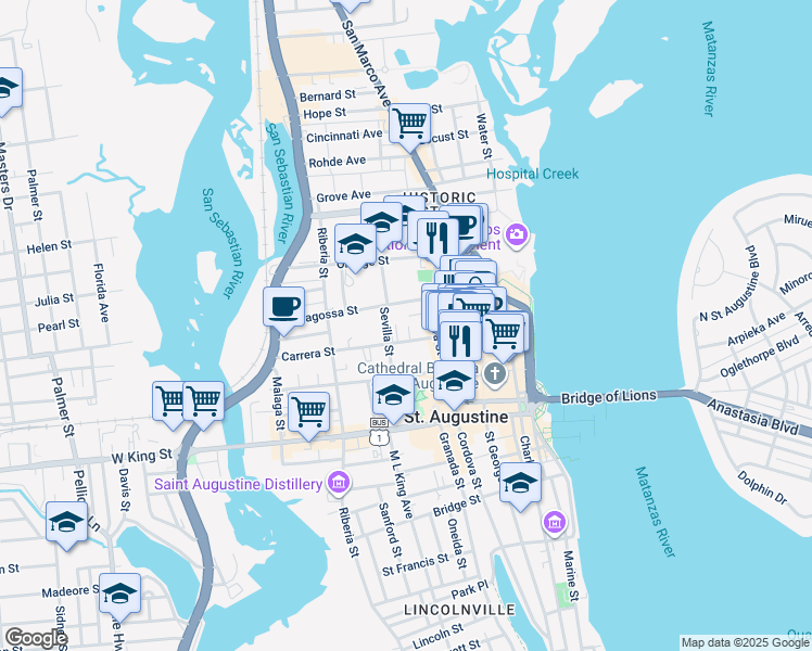 map of restaurants, bars, coffee shops, grocery stores, and more near 26 Sevilla Street in St. Augustine