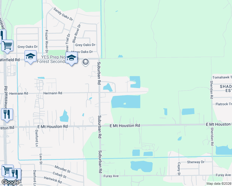 map of restaurants, bars, coffee shops, grocery stores, and more near 6938 Hermann Road in Houston