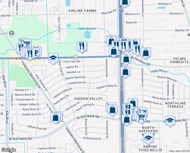 map of restaurants, bars, coffee shops, grocery stores, and more near 907 Beaver Bend Road in Houston
