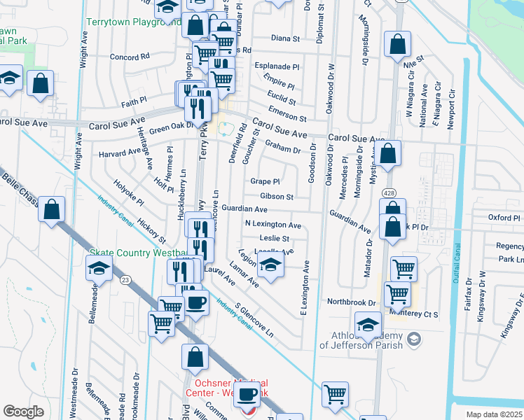 map of restaurants, bars, coffee shops, grocery stores, and more near 2128 Guardian Avenue in Terrytown