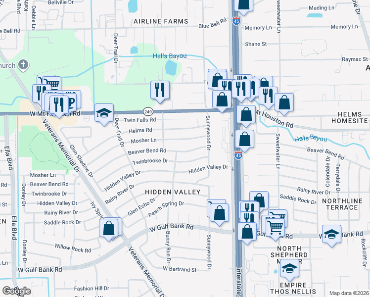 map of restaurants, bars, coffee shops, grocery stores, and more near 907 Beaver Bend Road in Houston