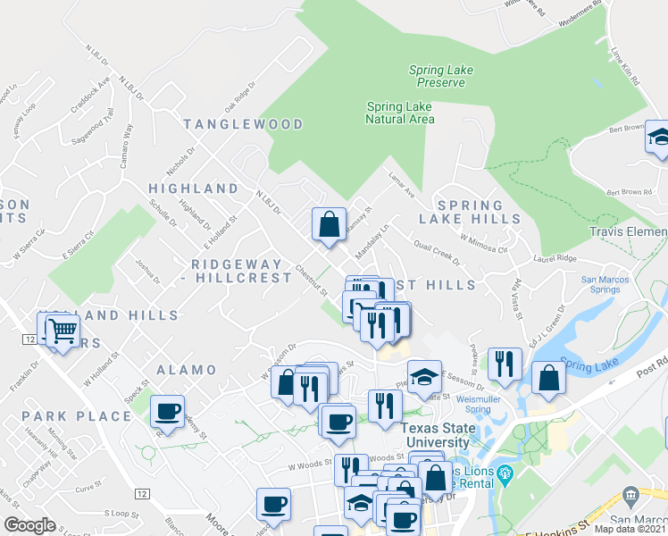 map of restaurants, bars, coffee shops, grocery stores, and more near 1007 North LBJ Drive in San Marcos