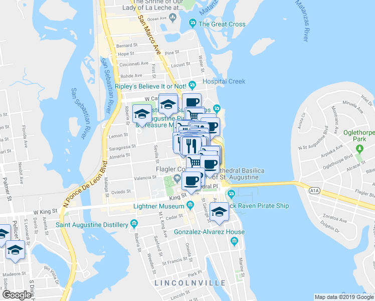 map of restaurants, bars, coffee shops, grocery stores, and more near 46 Spanish Street in Saint Augustine