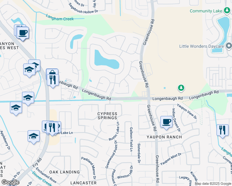 map of restaurants, bars, coffee shops, grocery stores, and more near 19739 Benbrook Manor Lane in Cypress