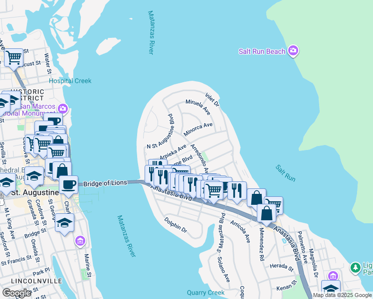 map of restaurants, bars, coffee shops, grocery stores, and more near 201 Arpieka Avenue in St. Augustine
