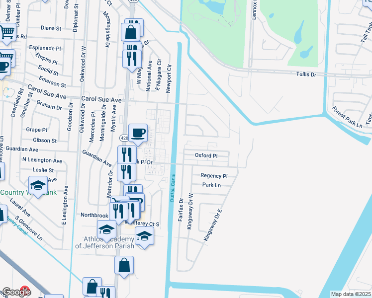 map of restaurants, bars, coffee shops, grocery stores, and more near 2406 Oxford Place in Gretna