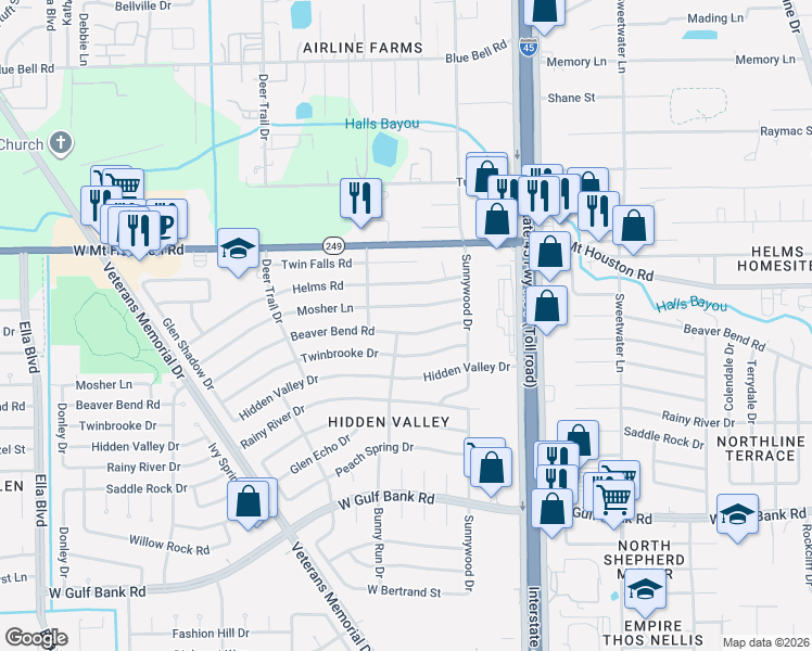map of restaurants, bars, coffee shops, grocery stores, and more near 907 Beaver Bend Road in Houston