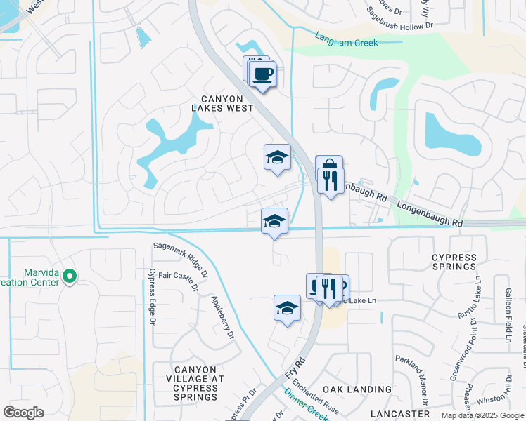 map of restaurants, bars, coffee shops, grocery stores, and more near Longenbaugh Road in Cypress