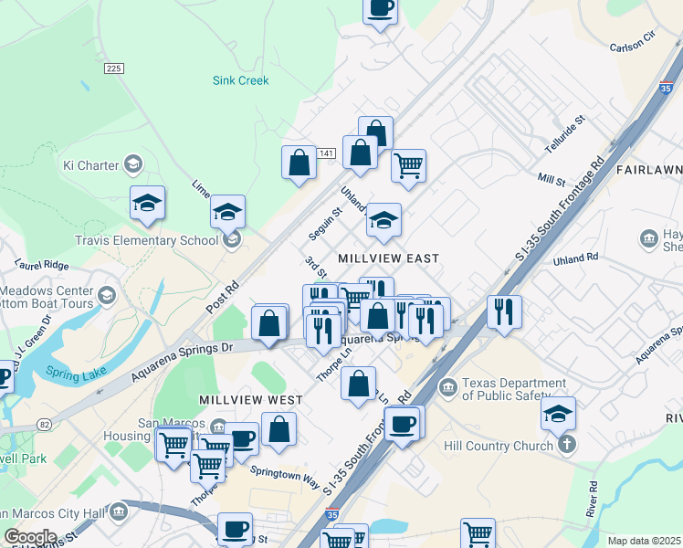 map of restaurants, bars, coffee shops, grocery stores, and more near 306 Mill Street in San Marcos