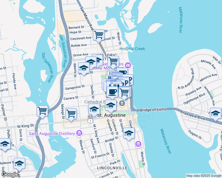 map of restaurants, bars, coffee shops, grocery stores, and more near 98 Saint George Street in St. Augustine