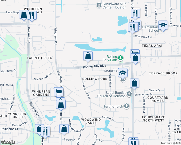 map of restaurants, bars, coffee shops, grocery stores, and more near 9007 Lawncliff Lane in Houston