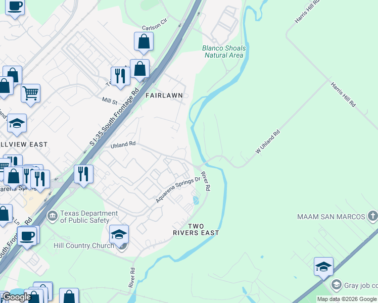 map of restaurants, bars, coffee shops, grocery stores, and more near 1203 Uhland Road in San Marcos