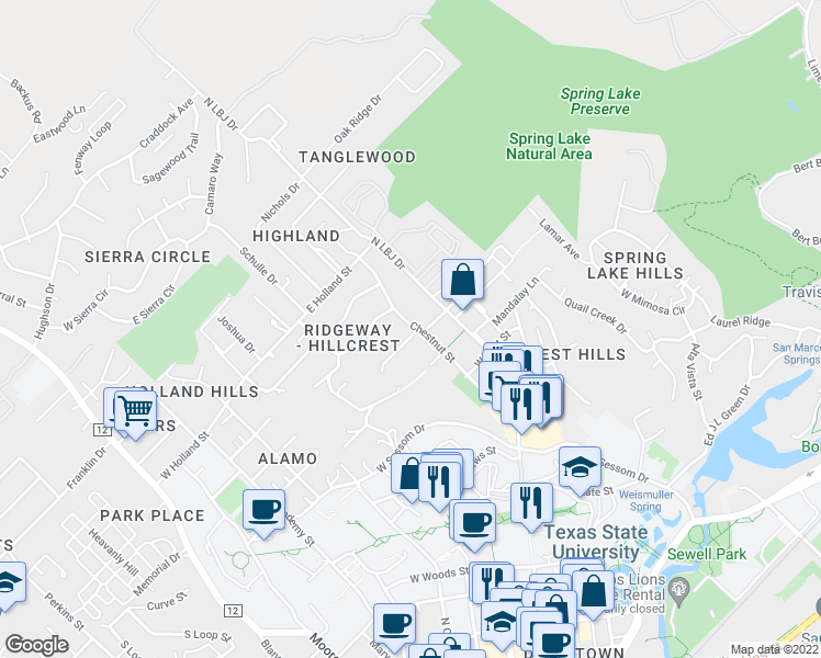 map of restaurants, bars, coffee shops, grocery stores, and more near 102 Windmill Drive in San Marcos